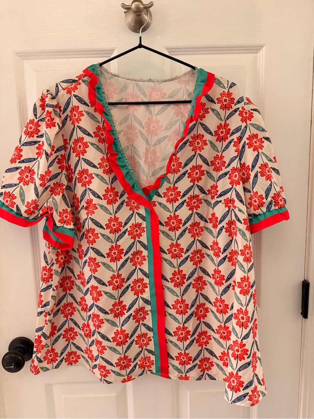 SHEIN White Floral V-Neck Short Sleeve Top with Red and Green Trim